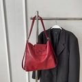 Deep red bow-decorated large tote bag in oil-waxed leather texture for women - Wine Red Without Pendant