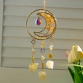Golden moon dream catcher featuring yellow healing crystals and a faceted glass pendant - Yellow Moon