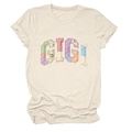 Close-up of GIGI patchwork letters on casual cream cotton short sleeve t-shirt - S / Sand