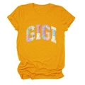 Detail of GIGI applique lettering on yellow round neck cotton T-shirt with rolled sleeves - S / Mustard Yellow