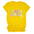 Detail of GIGI colorful patchwork letters on yellow casual cotton short sleeve t-shirt - S / Yellow