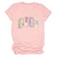 Close-up of pink casual t-shirt featuring GIGI patchwork letters and classic crew neck - S / Pink