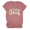 Detail showing GIGI floral patch appliqué on a soft dusty pink cotton women's T-shirt - S / Rose Gold