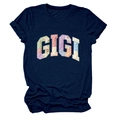 Detail of navy blue t-shirt featuring GIGI patchwork lettering and folded sleeve cuffs - S / Navy Blue