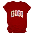 Deep red short-sleeved women's T-shirt with GIGI patchwork lettering on a white background - S / Red
