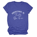 Detail of purple cotton blend T-shirt with 'Underestimate Me That'll Be Fun' slogan - S / Retro Blue (White Font)