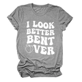 Close-up of grey crew neck t-shirt featuring I Look Better Bent Over slogan and peach print - S / Dark Grey (White Letter Peach)