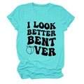 Detail of mint green cotton t-shirt featuring I Look Better Bent Over text and peach icon - Water Blue (Black Letter Peach)