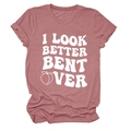 Close-up of pink crew neck cotton t-shirt featuring I Look Better Bent Over slogan - Rose Gold (White Letter Peach)