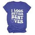 Detail of soft heather blue fabric and white graphic print on this casual crewneck tee - Retro Blue (White Letter Peach)