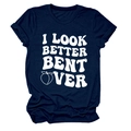 Detail of navy blue crew neck t-shirt with I LOOK BETTER BENT OVER text and peach graphic - Navy Blue (White Letter Peach)