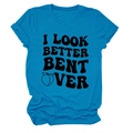 Detail view of bright blue t-shirt with black letter print and cuffed sleeve design - Lake Blue (Black Letter Peach)