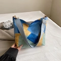 Large geometric patchwork shoulder bag with colorful panels and grey wide strap - Blue