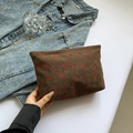 Brown corduroy clutch bag with red strawberry pattern for casual storage and makeup - Brown