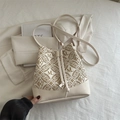 Chic beige bucket bag featuring ML 1987 monogram pattern and slim leather shoulder strap - White Letters