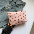 Pink corduroy pouch with strawberry embroidery for daily makeup storage use - Pink