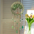 Tree of Life suncatcher with green crushed stones and agate slices hanging by a window - Green