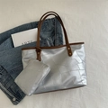 Silver metallic patchwork tote bag set with brown leather straps and matching pouch - Silver