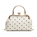 Retro cream white polka dot shell bag with gold round handle and chain strap - Black Polka Dot Cream Fabric Style / White