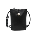 Minimalist black leather phone crossbody bag featuring a large pearl and braided strap - Black