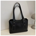 Minimalist black tote bag with white contrast stitching and gold rivets for women - Black