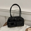 Black patent leather shoulder bag with double front pockets and long handles for women - Black