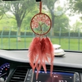 Ciondolo auto Albero della Vita con pietre rosa e piume rosso scuro al retrovisore - Stile Foglie d'Autunno