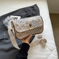 Close-up of Oriental landscape jacquard fabric and geometric wide strap on handbag - Khaki