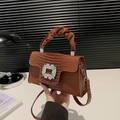 Dark brown faux crocodile small square bag with crystal buckle and ruched top handle - Brown