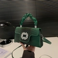 Dark green croc-effect handbag with crystal buckle and pleated handle detail - Green