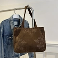 Brown corduroy tote bag with traditional Chinese floral patterns and a vintage design - Brown