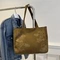 Brown corduroy tote bag with floral embroidery and Chinese window pattern design - Green