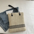 Borsa tote in paglia intrecciata con strisce nere e sottili spalline nere sottili - Stile 2 (Stile Doppia Riga Inferiore)