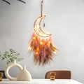 Handmade moon dream catcher with warm LED lights and gradient pink feathers for wall decor - Moon Style With LED Light