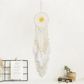 Handmade bohemian dreamcatcher wall hanging with yellow sun pattern and white feathers - Sunset Tapestry Feather