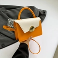 Minimalist orange and cream square crossbody bag with gold buckle and top handle - Orange & White