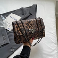 Leopard print flap shoulder bag with grey metal chain strap and rivet buckle details - Coffee
