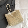 Stroh-Stofftasche mit Blumenstickerei und weißer Spitzenschleife für den Sommer - Khaki