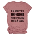 Detail of mauve crewneck t-shirt featuring bold facts and logic slogan print and rolled sleeves - Rose Gold (Black Font)