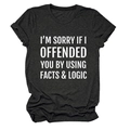 Close-up of facts and logic slogan print on dark grey cotton blend crew neck t-shirt - Heather Gray (White Font)