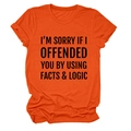 Detail of orange cotton T-shirt featuring printed facts and logic slogan on chest - Orange (Black Font)