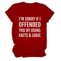 Detail of red cotton t-shirt featuring printed white facts and logic slogan - Red (White Font)