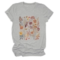 Primer plano del estampado floral de acuarela otoñal en camiseta de algodón gris con cuello - S / Gris claro