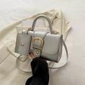 Silver glossy leather square tote bag with gold U-buckle and mini coin purse charm - Silver