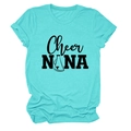 Detail view of turquoise cotton t-shirt featuring Cheer NANA print and megaphone graphic - Deep Water Blue (Black Font)