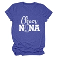 Close-up of purple crew neck short sleeve T-shirt featuring white Cheer NANA printed text - Retro Blue (White Font)