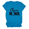 Detail of teal crew neck t-shirt featuring Cheer NANA print and megaphone graphic - Lake Blue (Black Font)
