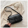 Minimalist black matte leather flap shoulder bag with round clasp and adjustable strap - Black