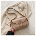 Minimalist beige leather shoulder bag with round buckle and adjustable strap - Dark Khaki