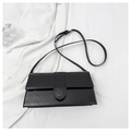 Elegant black minimalist baguette bag in glossy faux leather with gold metal hardware - Black